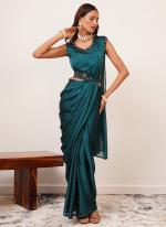 Silk Sattin Sea Blue Party Wear Stone Work Ready To Wear Saree